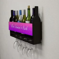 Outlet ???? BarMan CUSTOMIZABLE Wall Mounted Wine Bottle & Glass Hanging Shelf W/ Fun Pink Plaque ???? -BarMan - shop customizable wall wine glass hanging shelf bottles glasses side miss 700x700