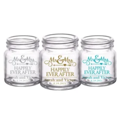 Deals ???? BarMan CUSTOMIZABLE - 2oz Clear Mini Mason Jar Shot Glass - Mr. And Mrs. Happily ???? -BarMan - shop mini mason mrmrs web trio 700x700